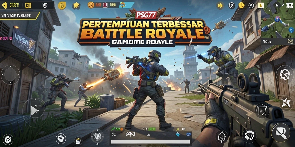 Screenshot utama PSG77 menampilkan gameplay intens Battle Royale.