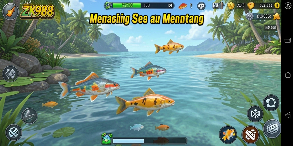Screenshot ZK988 menampilkan gameplay seru dengan ikan yang beragam.